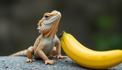 A bearded dragon near a sliced banana on a natural background