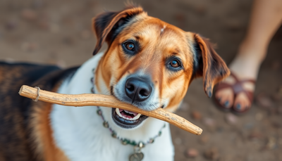 A dog happily chewing on a kangaroo tail treat
