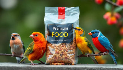 A bag of premium bird food beside colorful songbirds