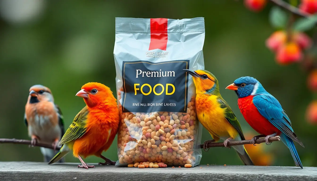 A bag of premium bird food beside colorful songbirds