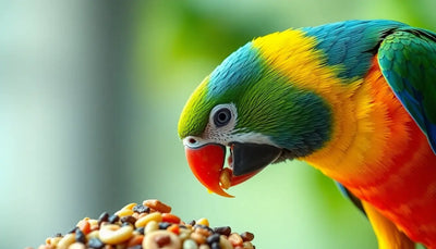 A colorful parrot eating premium bird food