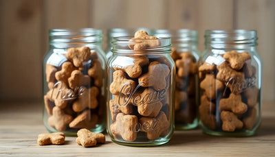 Homemade freeze-dried dog treats in glass jars