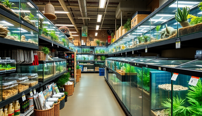 A reptile superstore aisle filled with terrariums and supplies
