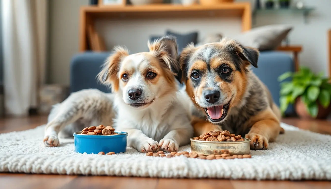 Small and senior dogs eating air-dried dog food together