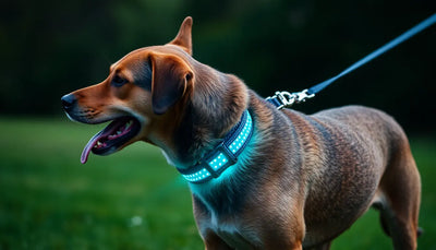Dog wearing adjustable reflective collar walking on leash