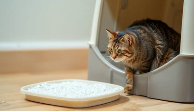 A cat next to a clean litter box with fresh litter