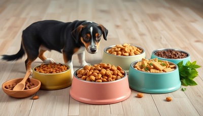 A variety of premium dog food bowls with healthy ingredients