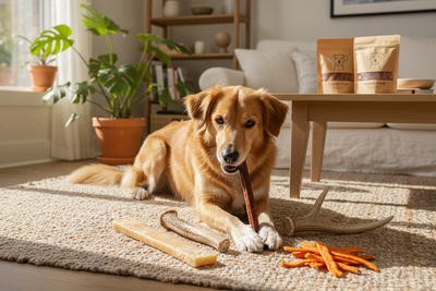 Golden retriever enjoying natural dog chew alternatives in a cozy living room, promoting healthy treat options