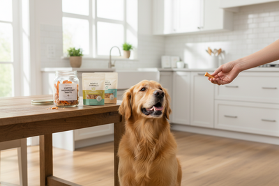Golden retriever enjoying a limited ingredient diet for dogs with healthy treats in a bright kitchen