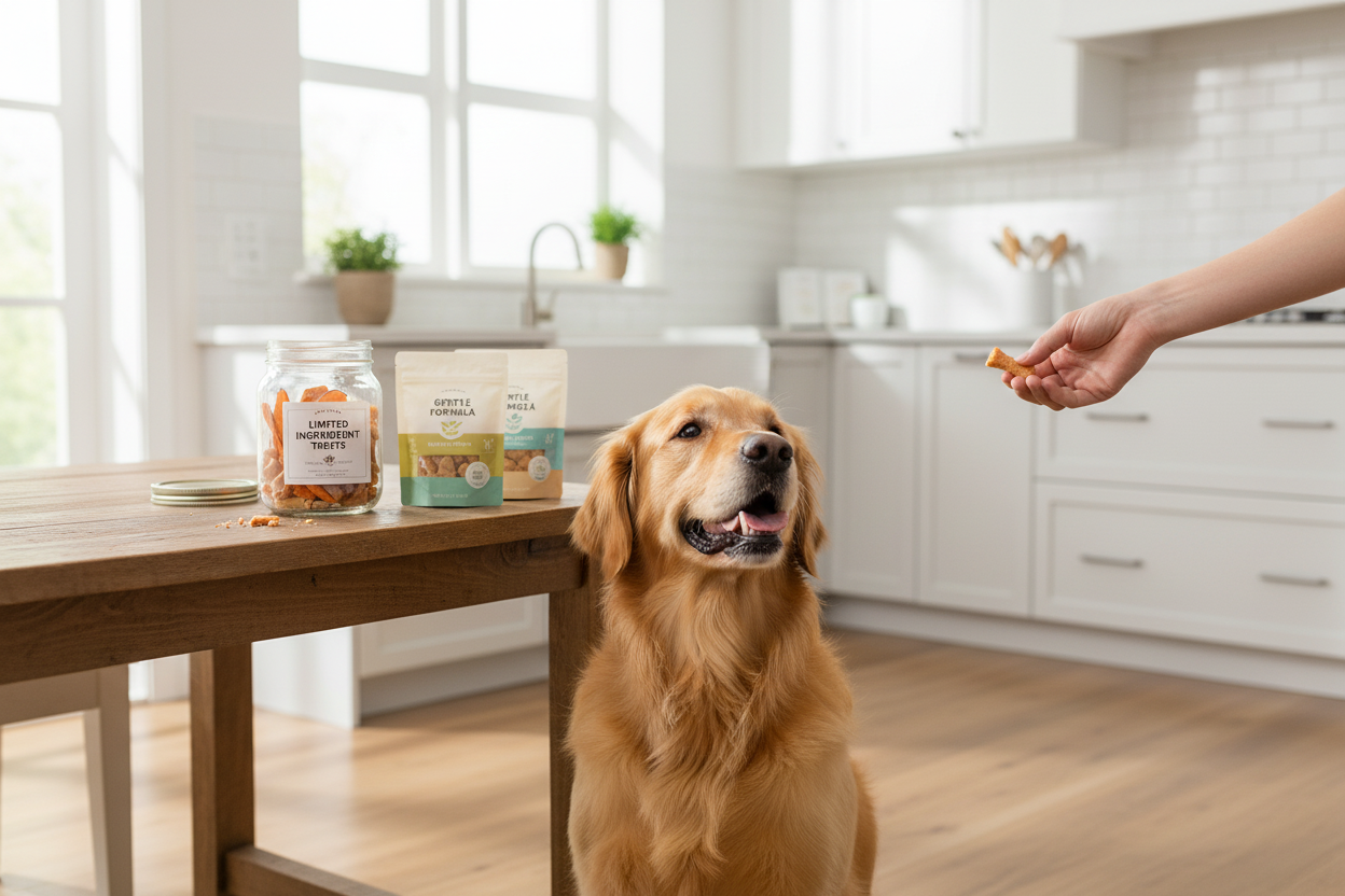 Golden retriever enjoying a limited ingredient diet for dogs with healthy treats in a bright kitchen