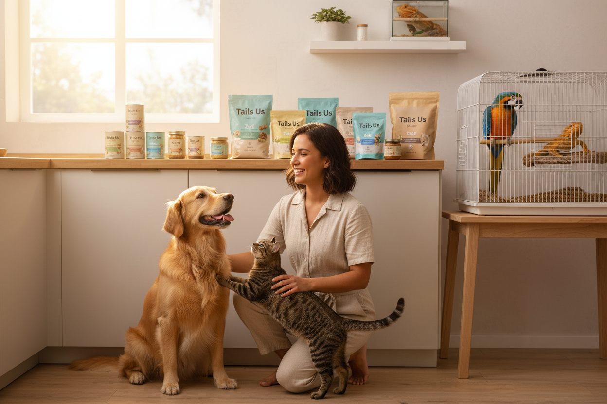 Pet owner with dog, cat, and birds surrounded by Tails Us pet food and treats for happy, healthy pets