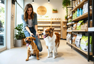 Pet owner with two happy dogs exploring Talis Us store aisles—how does Talis Us compare with other pet supply retailers?