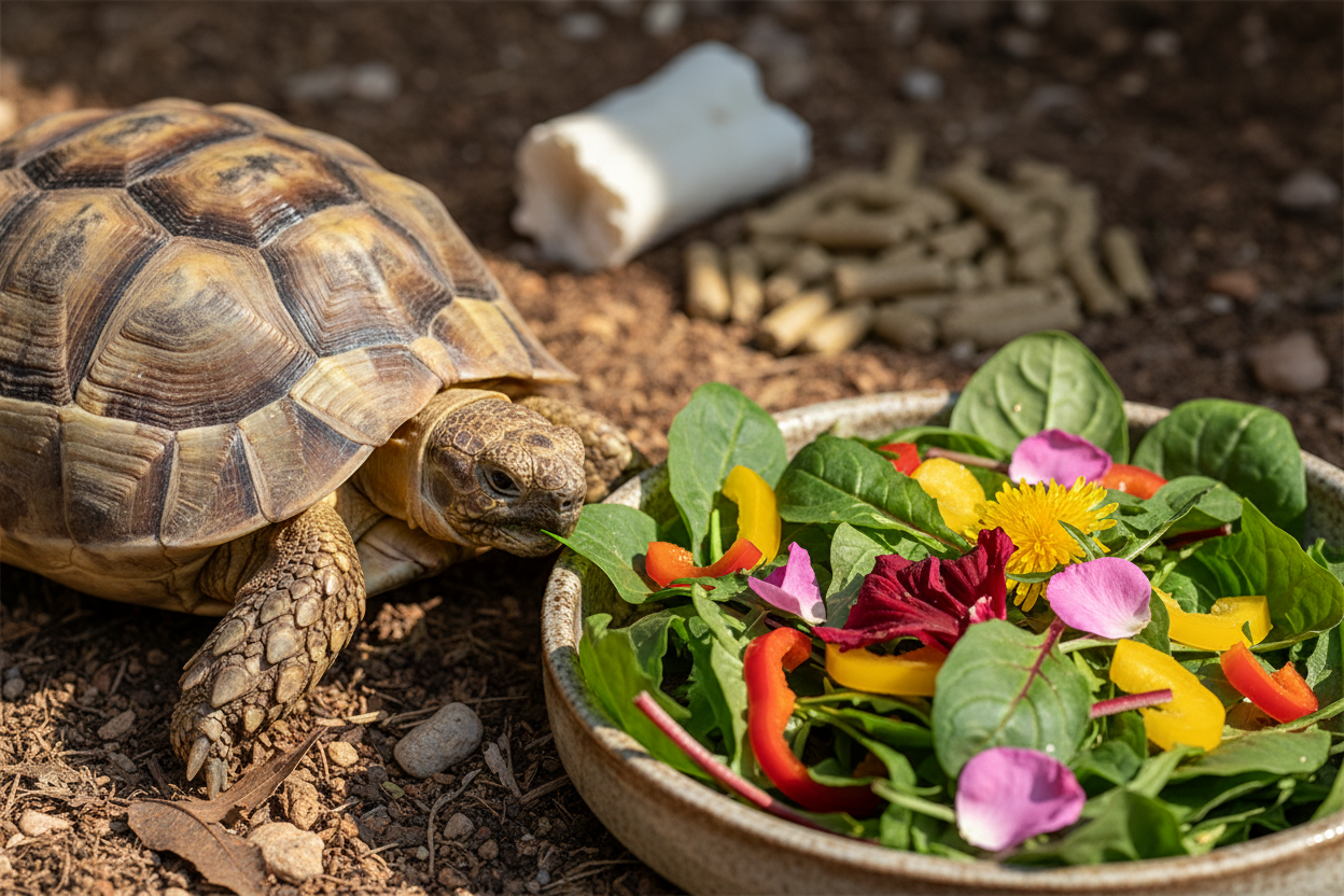 Best food for tortoises includes fresh leafy greens, colorful vegetables, and edible flowers for optimal health