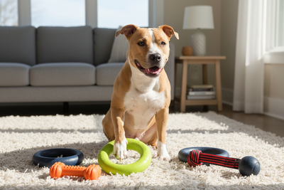 Happy dog playing with durable dog toys for chewers on a cozy living room rug
