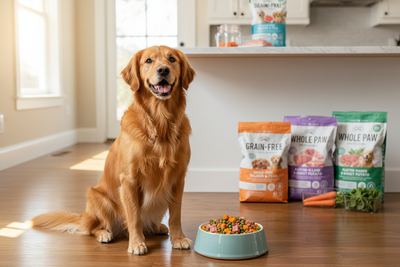 Happy golden retriever enjoying a nutritious meal, showcasing grain free dog food benefits for pet health