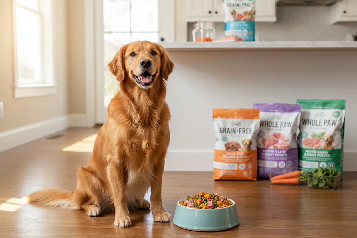Happy golden retriever enjoying a nutritious meal, showcasing grain free dog food benefits for pet health