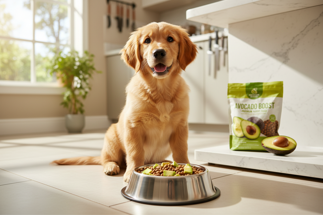 Happy puppy enjoying a meal highlighting avocado puppy food benefits for healthy growth and shiny coat