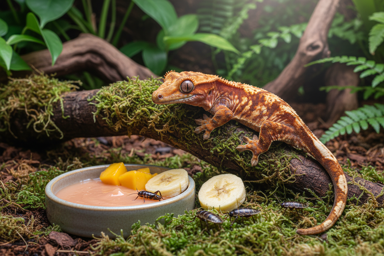 Crested gecko diet guide featuring fresh fruit, insects, and prepared food in a natural terrarium setting