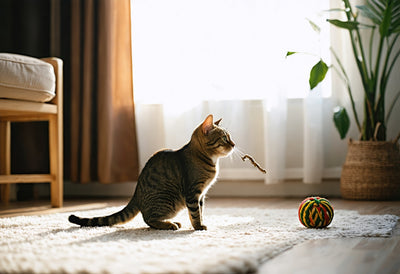Curious tabby cat enjoys safe playtime with engaging cat toys in a cozy sunlit living room
