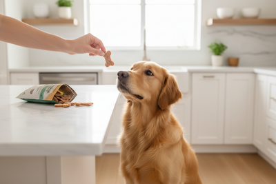 Golden retriever waiting for freeze dried dog treats in a bright kitchen, perfect for healthy rewards
