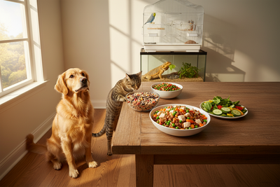 Pets enjoying healthy meals together highlights natural pet food benefits for dogs, cats, birds, and reptiles
