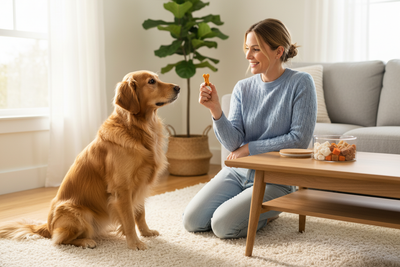 Woman using healthy dog treats for training with a golden retriever in a cozy living room setting
