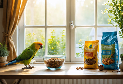 Colorful parrot beside premium bird food bags and a bowl, highlighting tips for buying premium bird food