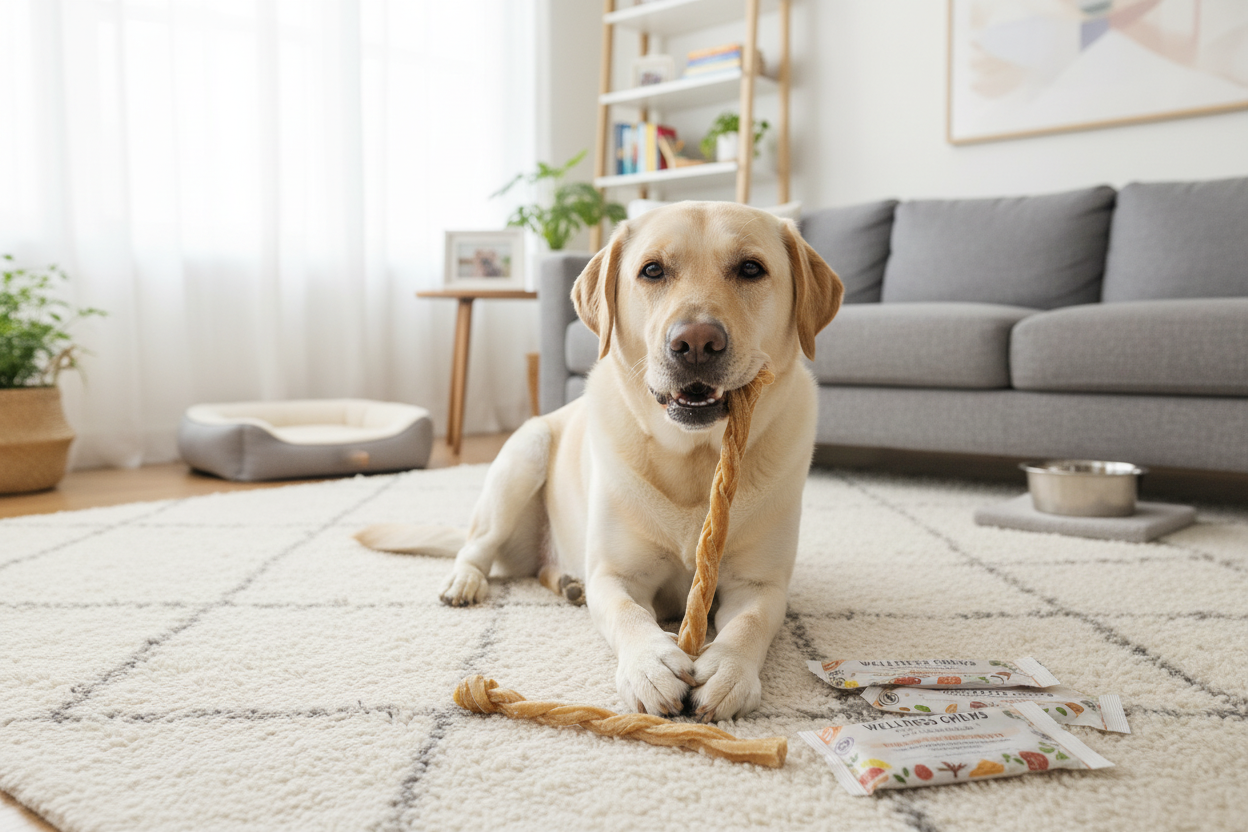 Happy Labrador enjoying dog collagen chews benefits for joint health and wellness in a cozy home setting