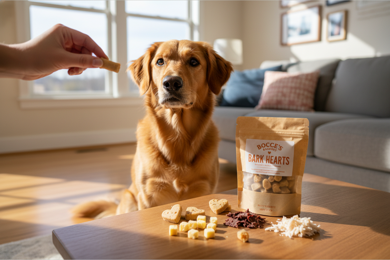 Golden retriever waiting for the best dog treats for training with assorted treats on a table