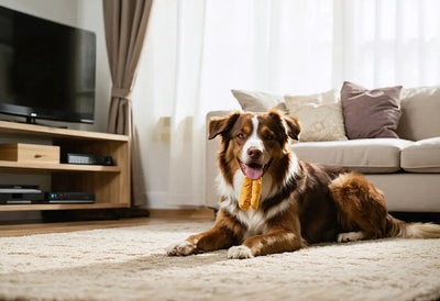 Happy dog relaxing at home with a safe, tasty hypoallergenic dog chew for sensitive pups