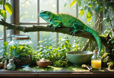 Support your iguana’s health with natural iguana nutrition supplements, fresh greens, and vitamin-rich powders in a sunlit habitat