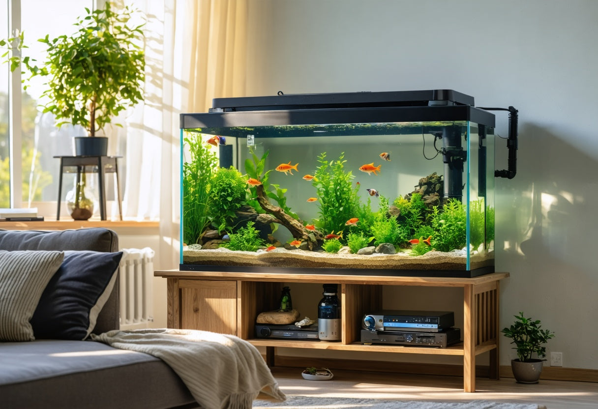 Bright freshwater aquarium with healthy plants and fish, showcasing top aquarium filters for freshwater tanks