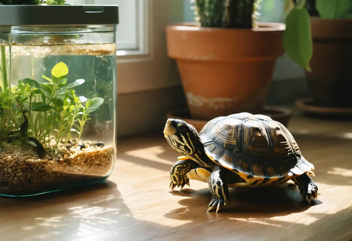 Healthy turtle enjoying natural sunlight near a tank with fresh plants and nutritious turtle food