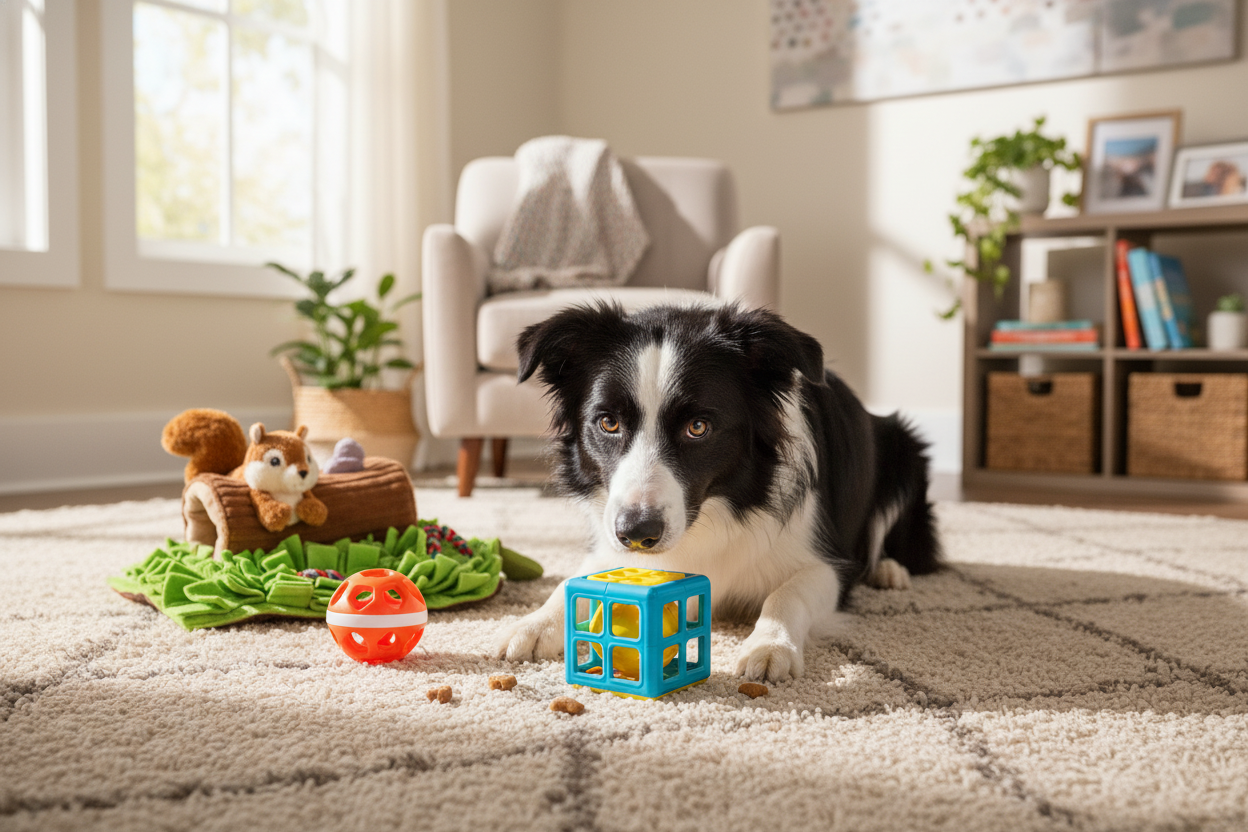 Border collie playing with novelty dog toys for mental stimulation and fun treat rewards at home