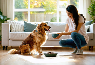 Happy dog and caring owner at home, highlighting dog probiotics benefits for your pet’s digestive health