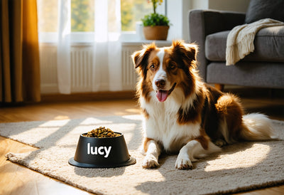 Happy dog waiting for lucy pet products dog food in a sunlit living room, showing care and nutrition