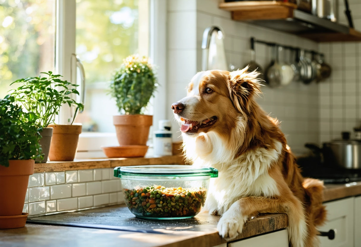 Happy dog waiting by a bowl of healthy freeze-dried dog food from Talis Us in a sunlit kitchen
