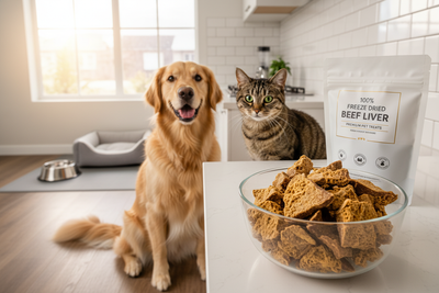Dog and cat in kitchen with freeze dried beef liver treats for healthy pet snacking