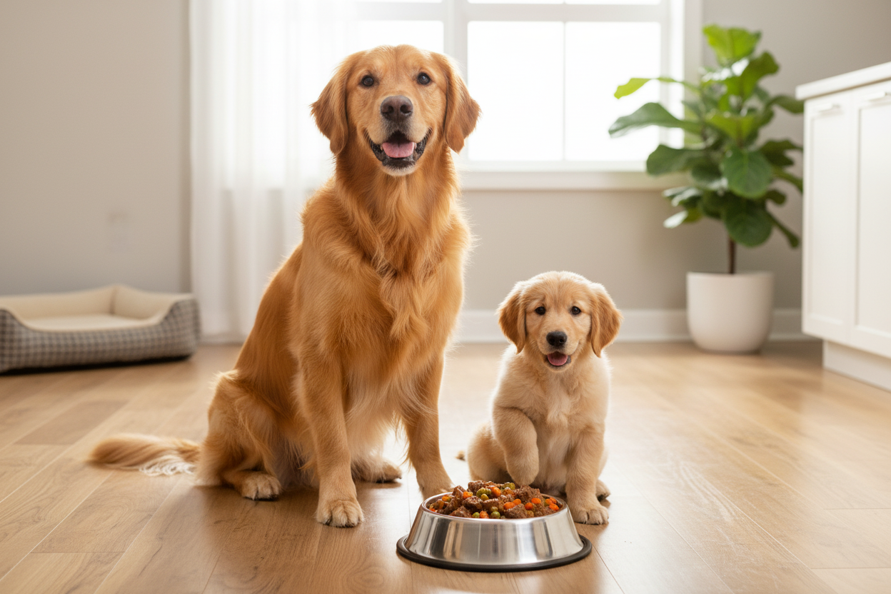 Golden retriever and puppy enjoying natural beef dog food for a healthy, happy mealtime at home