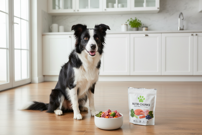 Happy dog enjoying the best freeze dried dog food with a bowl of colorful, nutritious bites in a modern kitchen