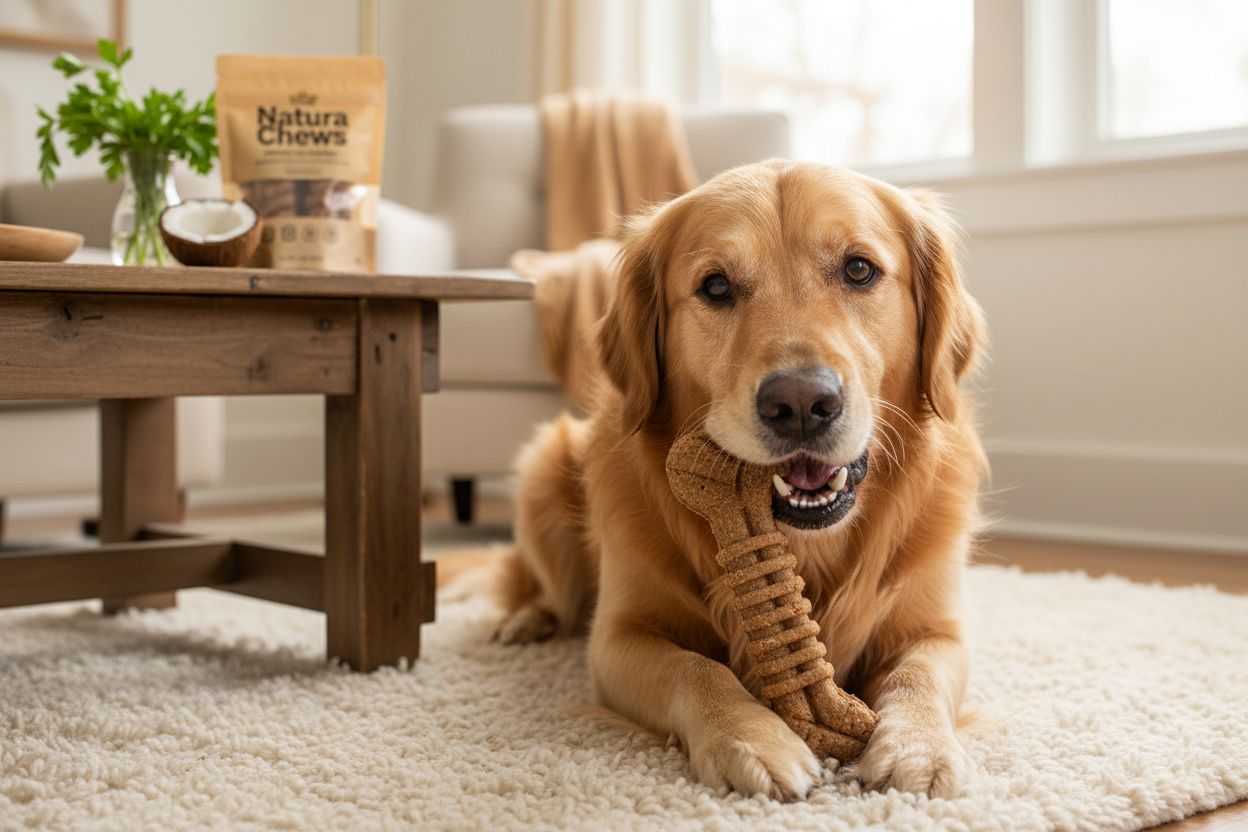 Golden retriever enjoying dog dental treats for healthy teeth and fresh breath at home