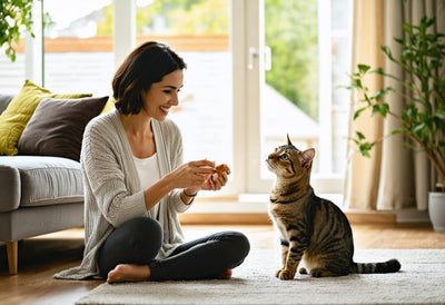 Sharing freeze-dried pet treats with your cat to nurture happy, healthy moments together at home