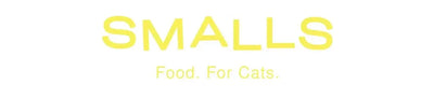 Yellow text on a white background reads SMALLS in large letters, with Food. For Cats. in smaller letters underneath.
