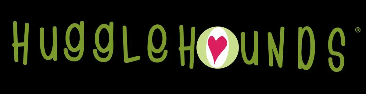 HuggleHounds logo with green lettering and heart emblem on black background for HuggleGroup pet toys collection