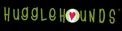 HuggleHounds logo with green lettering and heart emblem on black background for HuggleGroup pet toys collection