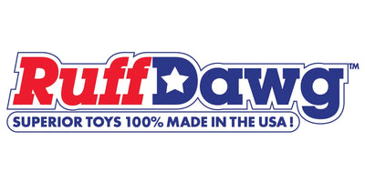 Ruff Dawg logo with Ruff in red and Dawg in blue with a white star in the “D.” Below, blue text reads: “SUPERIOR TOYS 100% MADE IN THE USA!”.