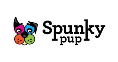 Logo for Spunky Pup featuring a stylized dog face made of colorful shapes and buttons, next to the words Spunky pup in bold black text on a white background.