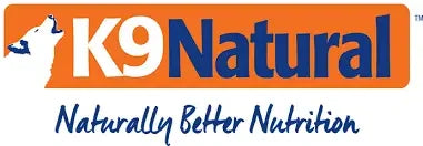 K9 Natural logo featuring a howling dog silhouette, the brand name in bold orange and blue letters, and the tagline Naturally Better Nutrition in cursive blue text below.