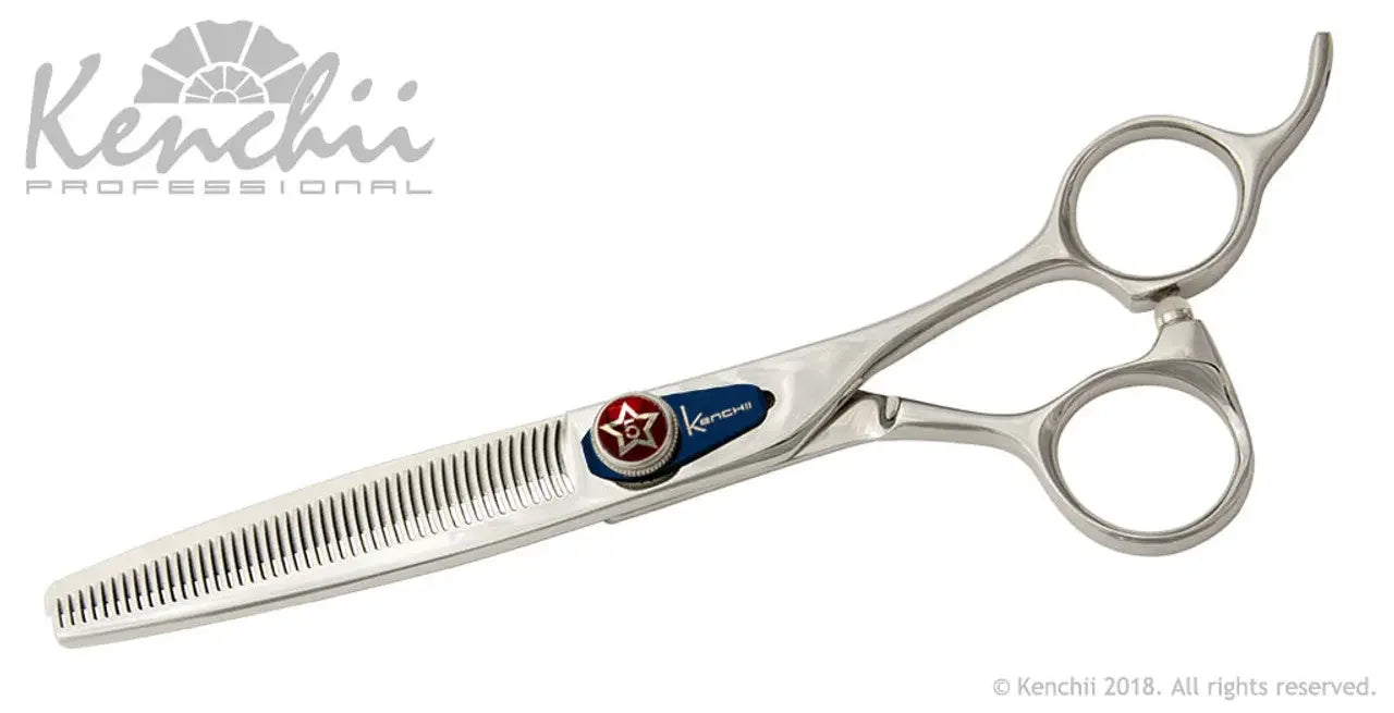 A pair of Kenchii Professional hair thinning shears with a silver finish, blue accent, and red star detail on the pivot screw, displayed on a white background.