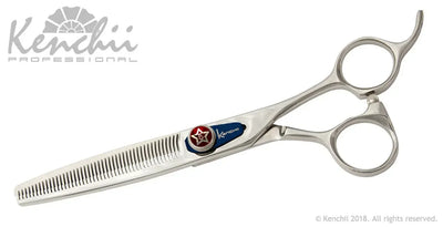 A pair of Kenchii Professional hair thinning shears with a silver finish, blue accent, and red star detail on the pivot screw, displayed on a white background.